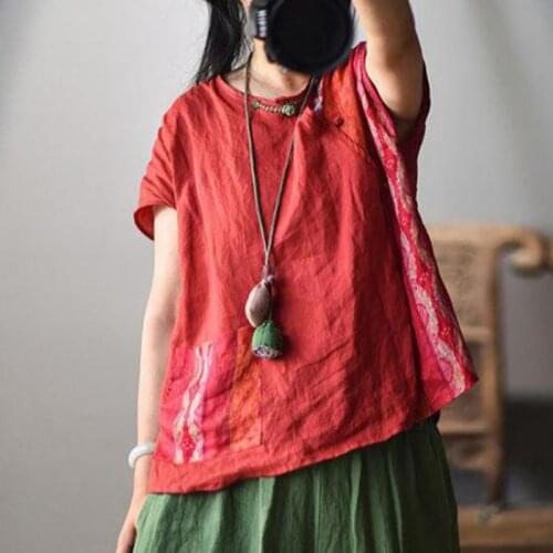 Johnature Cotton Linen Retro Irregular Patchwork Plate Buckle Short Sleeve Shirt 2021 Autumn New Simple Comfortable Women Tops