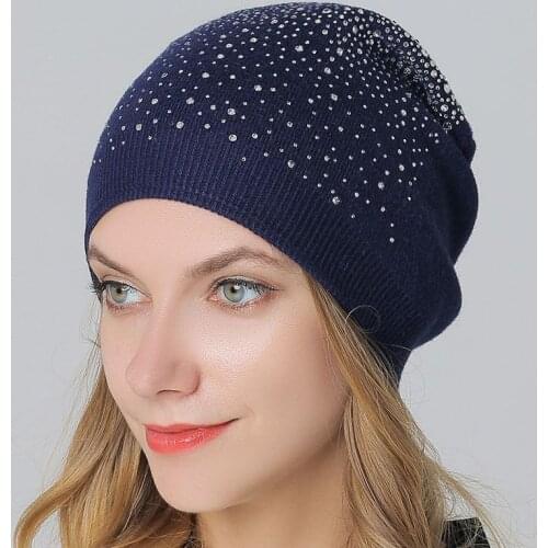 Beanie Women Wool Knit Rhinestone Hat Winter Autumn Warm Slouch Ski Accessory Double Layers Soft Casual Outdoor Headwear