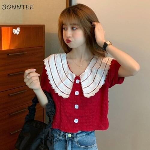 Shirts Women Sweet Cute Harajuku Solid Peter Pen Collar Crop Tops Summer Fashion Korean Style All-match Slim Preppy Teen Girls
