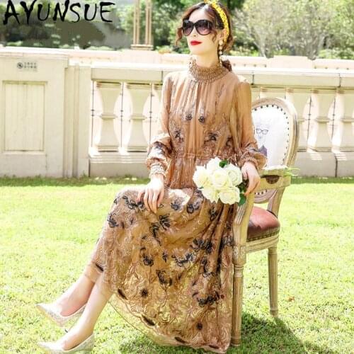 AYUNSUE 100% Real Silk Dress Women Long Elegant Dress Long Plus Size Dresses for Women Spring Fall High Quality 2021 Vestidos