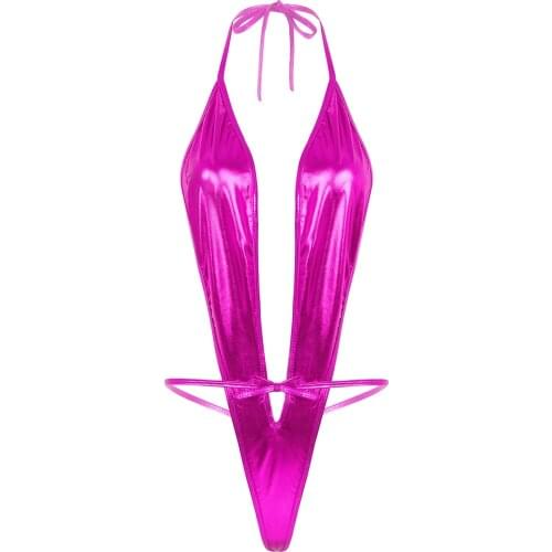 Womens Lingerie Sexy Micro Bikini Swimwear Shiny Metallic Patent Leather Bodysuit Halter Neck Lace-up Thong Leotard Bodysuit