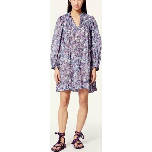 Floral Print Women Loose Mini Dress 2021 Spring Summer V-Neck Long-Sleeved Short Dresses Robes