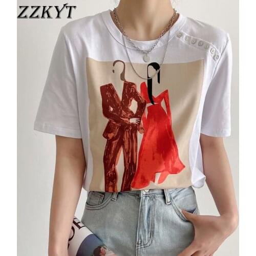 ZZKYT 2021 Women Summer Vintage People Print Button T Shirt Fashion O-Neck Short Sleeve Casual Tops Tees Female Harajuku T-Shirt