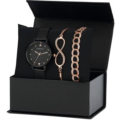 Forentina Siyah Hasır Bayan Kol Saati Bileklik Kombin PS1860