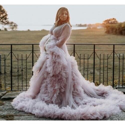 Robes Pregnant Blush Pink Prom Dresses Long abendkleider abiye Puffy Tiered Extra Puffy Robe Full Sleeve See Thru Sexy