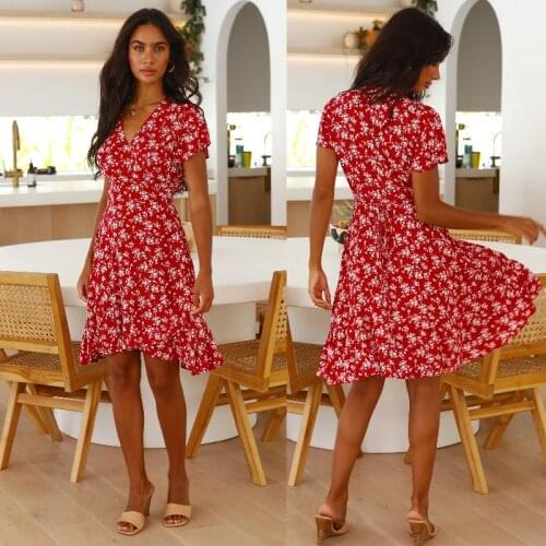 Summer Dress Women Robe Femme Floral Print Midi Dresses Short Sleeve Ruffle Beach Dress For Woman Clothing 2021 Vestido De Mujer