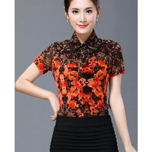 Summer Fashion 2018 New Womens Printed Floral Pattern Orange Short Sleeve Stretch Blouse , Women Casual 4XL Slim Mesh Blouses