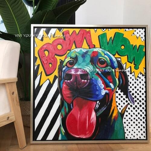 The Best 100% Handmade Bow Wow Canvas Painting Modern Blue Red Artwork Pictures Thick Oil Wall Art Decoration Big Ear Happy Dog