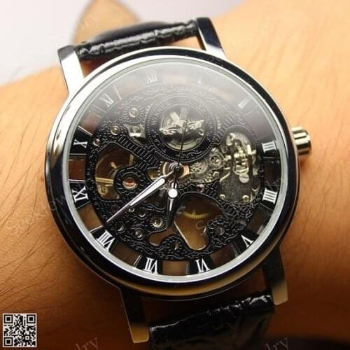 Men Business Casual Mechanical Wrist Watch with Hollow Design Engraving Case PU Leather XIN-Shipping
