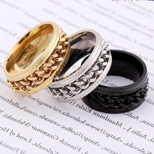 New Fashion Cool Black Spinner Chain Ring For Men Tire Texture Stainless Steel Rotatable Links Punk Male Jewelry For Party Gift