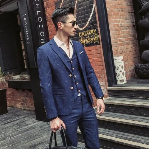 Mens Fashion Boutique Lattice Groom Business Wedding Dress Suits For Men Terno Masculino 3 Pieces Men Suit(Jackets+Vests+Pants)
