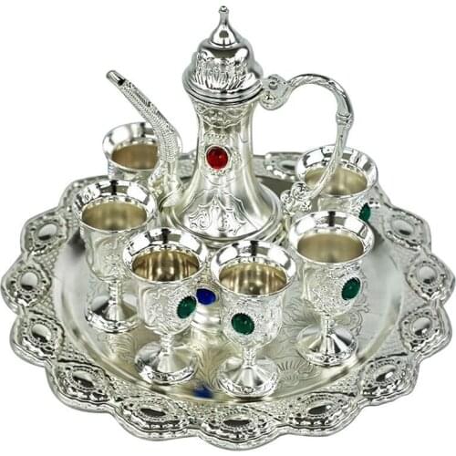 European Style Metal Stainless Steel Wine Cup Set Luxuxry Wine Pot Wine Plate Home Bar Decoration Crafts 6 Cups 1 Pot 1 Plate