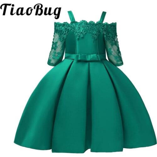 Kids Princess Dresses Knee Length Sheer Lace Embroidered Shoulder Strap Short Sleeve Flower Girls Dresses For Wedding Ball Gown