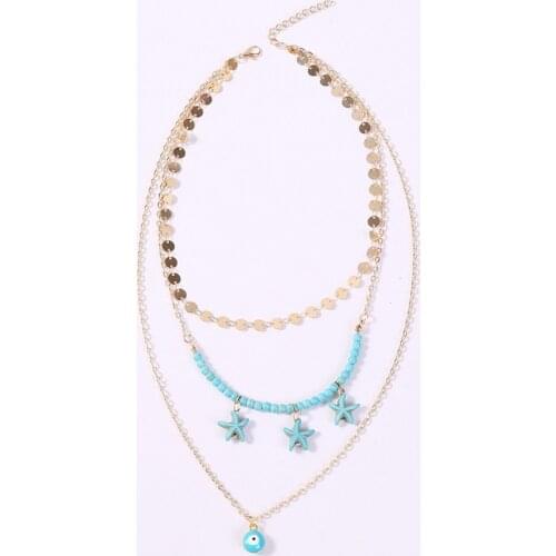 HWASY1804 new sequins fashion starfish eyes multi layer Necklace women Bohemia clavicle chain necklace wholesale