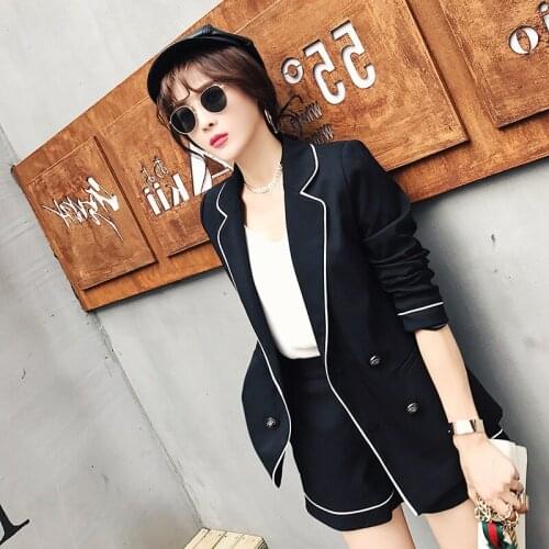 Office Lady Button Vintage Suits 2 Piece Sets Elegant Notched Solid Jacket Blazer + Fashion High Waist Mini Shorts Outfits