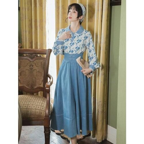 Fall Two Piece Set Women Hong Kong Style Retro Print Doll Collar Blouse+Ruffle Corduroy Skirt Female Blue Gentle Elegant Suit