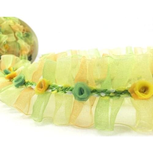 Pleated Trim|w Rococo Flower Trim|1 1/2 Inches Pleated Ombre Printed Chiffon Trim|Organza Chiffon Trim|Retro Handmade Supplies