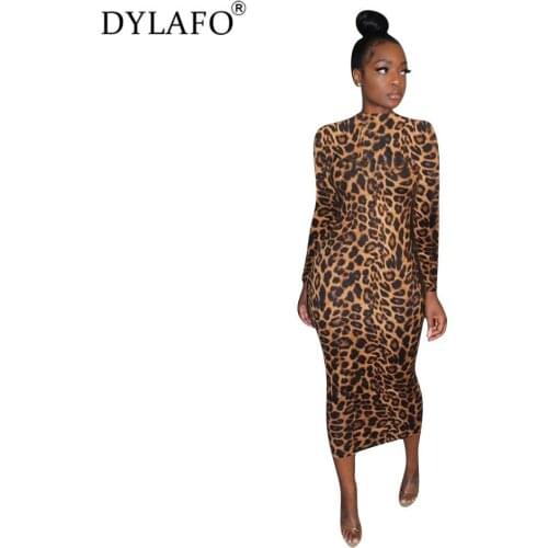 Sexy Knit Leopard Print Autumn Winter Dress Women Christmas Slim Long Sleeve Night Party Club Dress Bodycon Maxi Dresses