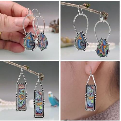 Tribal Water Drop Colorful Stone Earrings Boho Vintage Spiral Marble Pattern Geometric Dangle Earrings for Women Jewelry