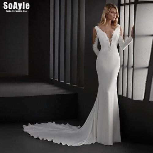 SoAyle Mermaid Wedding Dress Deep V Neckline Transparent Shoulders Exquisite Appliques Lace Beaded Wedding Gown
