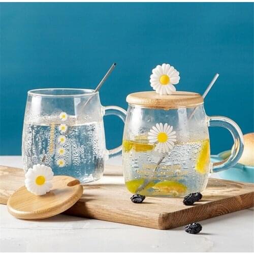 Daisy glass mug with Cup lid and spoon Cute Pastoral Style chrysanthemum Glass Cups Flower Tea Cup Cold Drink Juice Mug Milk Cup