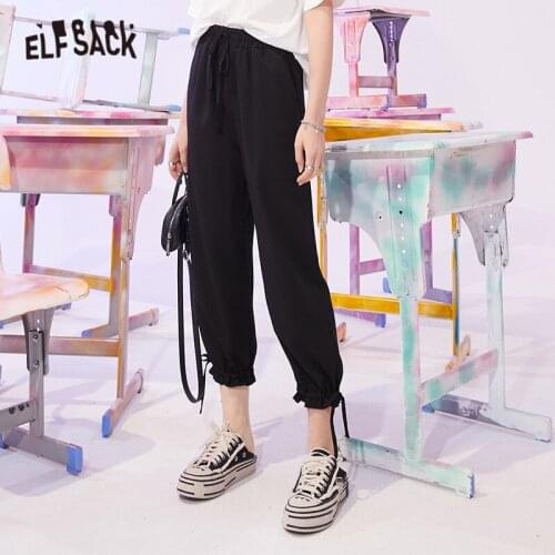 ELFSACK Solid High Elastic Waist Straight Casual Women Pants 2021 Summer ELF Minimalist Pure Korean Ladies Basic Daily Trouser