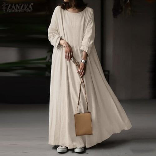 2021 Women Sundress ZANZEA Autumn Vintage Elegant Maxi Long Dress Baggy Long Sleeve Solid Kaftan Femme Robe Vestidos