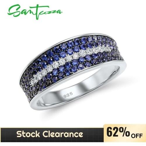 SANTUZZA Silver Ring For Women 925 Sterling Silver Fashion Round Rings for Women Blue Nano Cubic Zirconia Trendy Party Jewelry