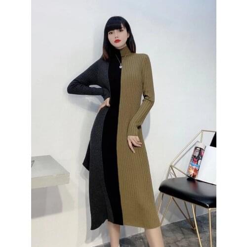 Spring Women Fashion Runway Party Knit Wool Dress Long Sleeve Vintage Color Patchwork Ladies Midi Dresses 2021