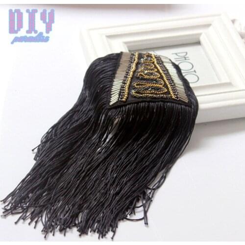 2pcs Handmade Fashion black Tassel Chain Shoulder Board Badges beads Fabric Metal Epaulette Military Pin on Brooch Medal
