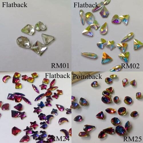 5pcs Blue Flame and Crystal and AB Color Mixed-Design Point-back and Flat-Back Summer Color Crystal Gem Stone Nail Art Gem