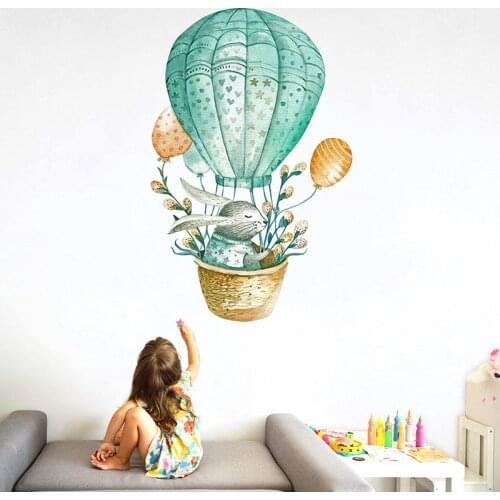 Watercolor Green Rabbit Hot Air Balloon Wall Stickers for Kids Room Bedroom Home Decor Wall Decals Baby Nursery Home Decoration