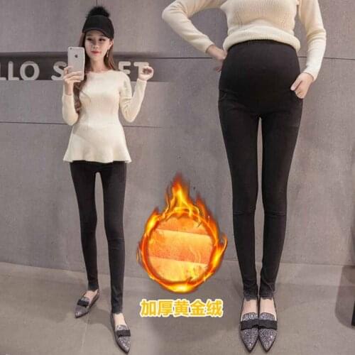 Pregnant womens pants fall and winter wear small feet pants autumn new leggings plus velvet imitation jeans maternity dress