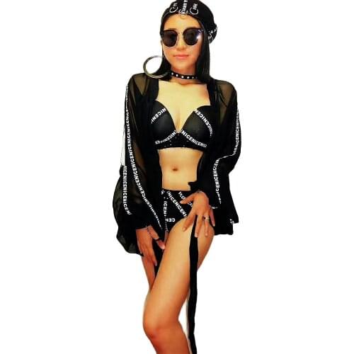 Black Letter Printing Bikini Suit Mesh Gauze Perspective Coat Belt Rhinestones Personality Performance Costume Ladies Stage Wear