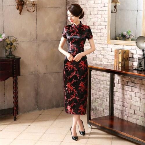 Black Red Chinese Traditional Dress Womens Silk Satin Cheongsam Vintage Qipao Summer Short Sleeve Long Dress Flower Plus Size
