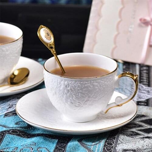 European Ceramic Coffee Cup with Saucer and Spoon Set Bone China Embossed Light Luxury Exquisite Afternoon Tea Cup Drinkware