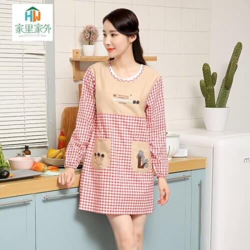 Korean style fashion cotton waterproof and oil-proof cooking apron household kitchen long-sleeved cute adult overalls female