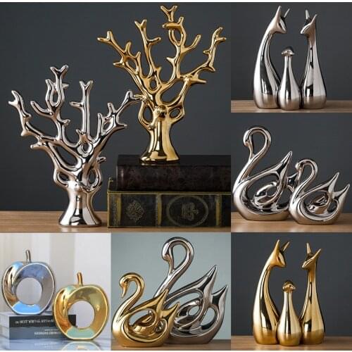 Ceramic Electroplating Ornaments Nordic Ins Cabinet Decorations Home Porcelain Deer/Swan Family Apple Shape Figurines