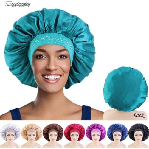 Beautiful Big Size Satin Bonnet Sleep Night Cap Head Cover Rhinestoned Wide Band Hats Pure Color Bandanas Headwrap FOR Women