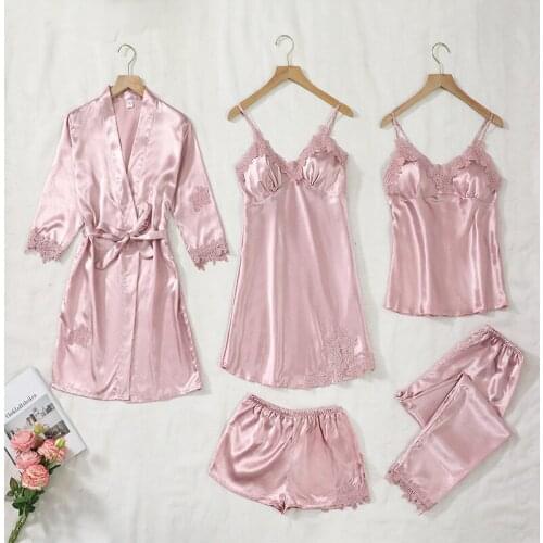 Lace PJs Sleep Suit Women 5PCS Pajamas Set Satin Sexy Sleepwear Summer Pyjamas With Trousers Nightgown V-Neck Kimono Robe Gown