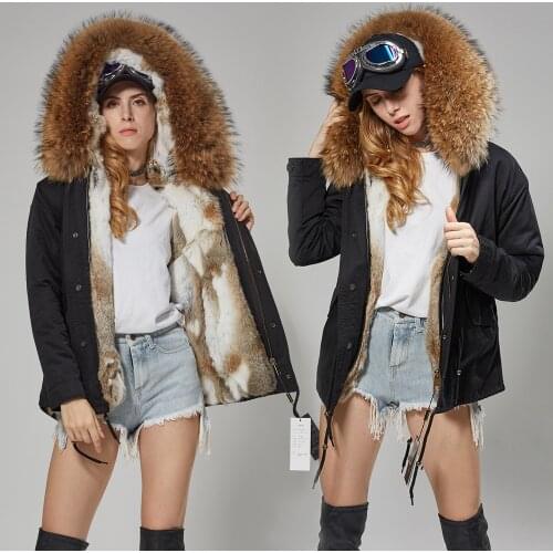 Maomaokong Winter Fashion Womens Clothing Big Raccoon Fur Collar Hooded Jacket Short Paragraph Detachable Rabbit Fur Lining Win