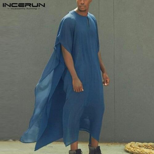 Fashion Men Muslim Jubba Thobe Solid Flare Short Sleeve O Neck Dubai Robes Abaya Loose Chic Mens Arabic Islamic Kaftan INCERUN 7