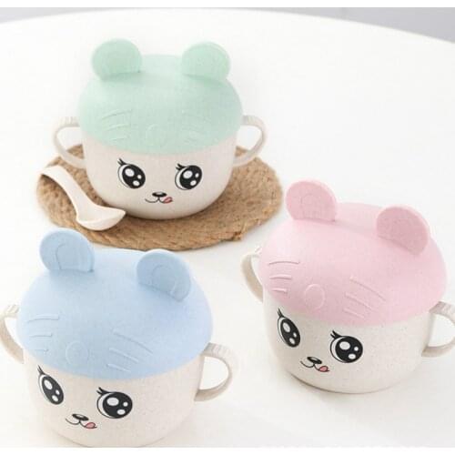 2Pcs/Set Bowl+Spoon Baby Feeding Food Tableware Anti-hot Wheat Cartoon Kids Dishes Children Eating Dinnerware Set Plate Training