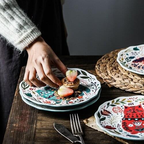 2021 New Creative Cartoon Ceramic Steak Plate Tableware Porcelain Western Food Pasta Fruit Hand-painted Cat Ceramic Plate