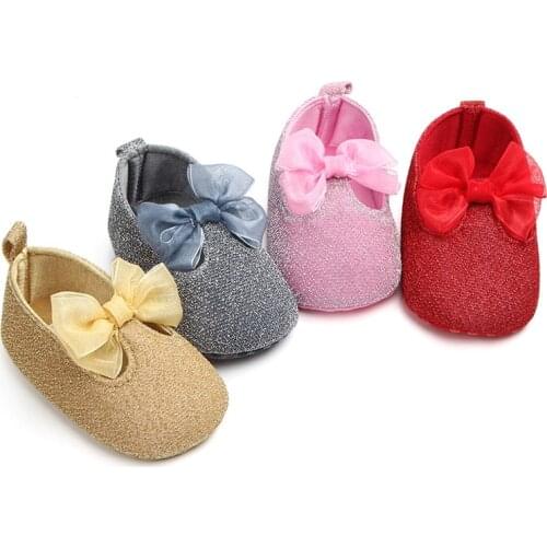 Newborn Baby Girls Shoes First Walkers With Bow Red Soft Soled Non-slip Crib Shoes