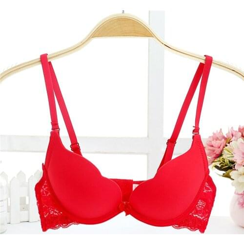 Solid Wave Cup Push Up Bras Bow Underwire Gather Brassiere Adjustable Sexy Lace Lingerie Bras for Woman Push Up Bras 32-36AB Cup