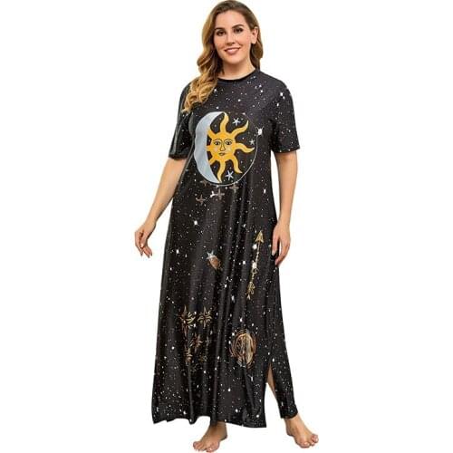 Plus Size Womens Pajamas 2021Summer Ramadan Home Service Sun Print Round Neck Dress Casual Female Black T Shirt Skirt Sleepwear