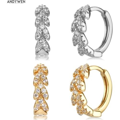 ANDYWEN 925 Sterling Silver 8.5mm Leaves Huggies Loop Crystal CZ Zircon Hoops Earring Piercing Luxury 2020 Pendiente Fashion