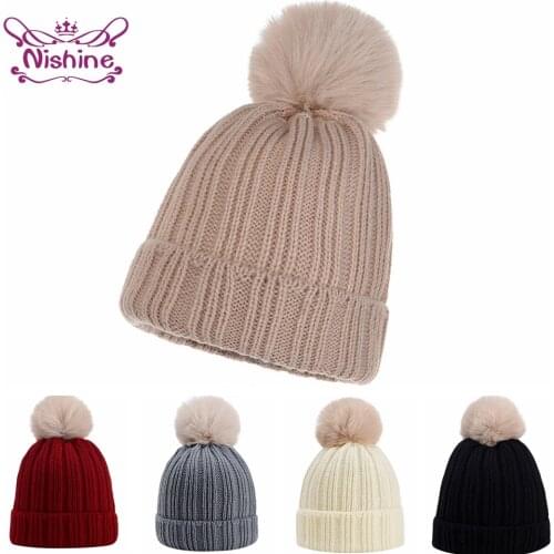 Nishine Knitted Cotton Newborn Baby Hat with Pompom Infant Kid Cap Child Soft Beanies Bonnet Birthday Gift Headwraps Photo Props