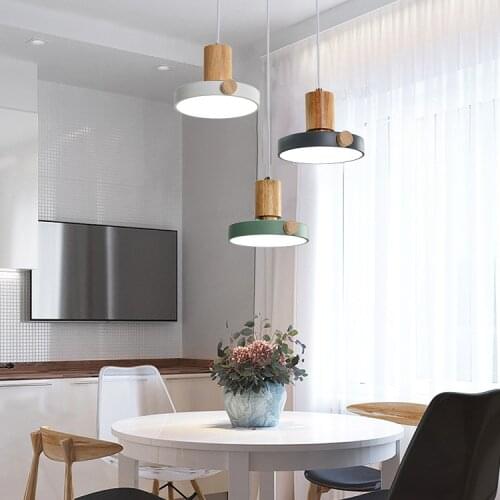 Modern Led Pendant Light Nordic Wood Lighting Fixture Indoor Hanging Kitchen Dining Living Bedroom Bedside Decoration Round Lamp